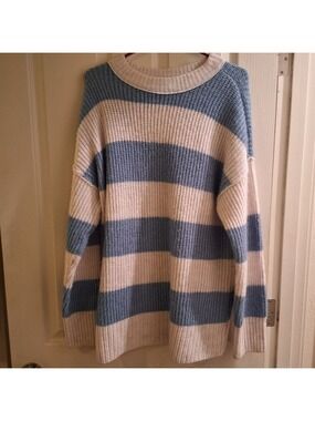 Arizona Blue White Striped Fuzzy Sweater Large